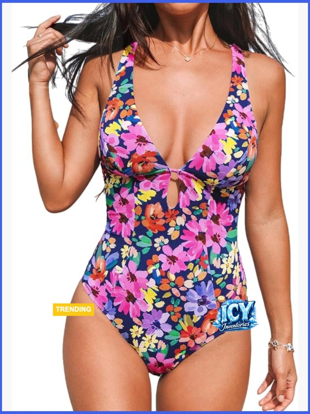 Deep V Neck Keyhole Cutout O Ring Textured One Piece Swimsuit Bathing Suit